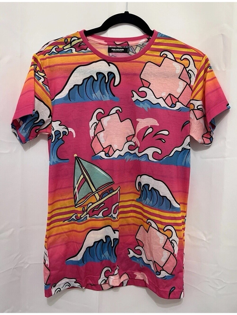 Pink + Dolphin Men’s S Sailboat Waves Allover Graphic T-Shirt Streetwear